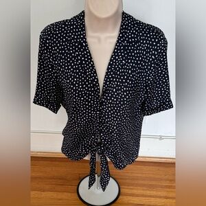Mango Suit Black and White polka dot Button Down Tie-Front Shirt, size S collar